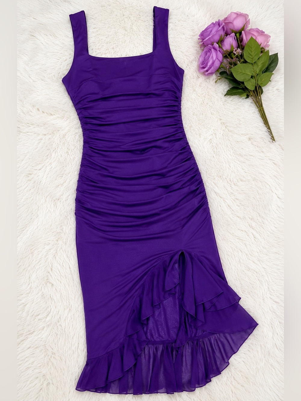 Boutique Purple Ruched Ruffle Slit Midi Bodycon sexy romantic Dress NWT L XL - Picture 5 of 9